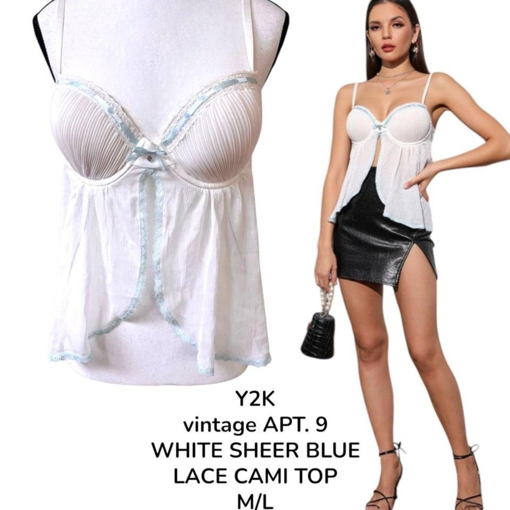 Y2K VINTAGE WHITE SHEER LACE BABY BLUE TRIM CAMI TOP M/L‎ BY APT. 9.